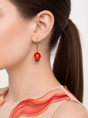 Red Faceted Bead Dangle Earrings | Silver Tone French Hook Statement Earrings